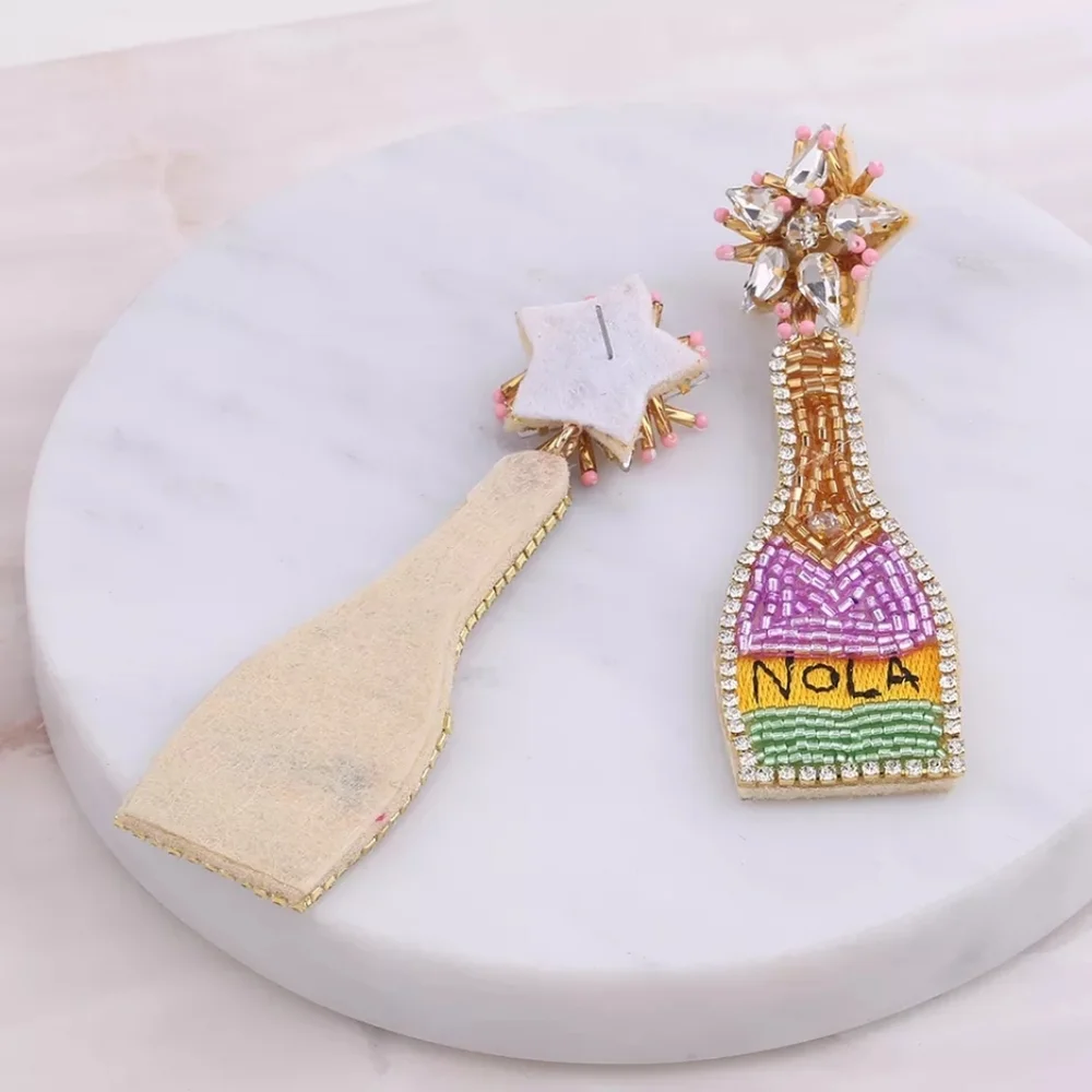 New Orleans NOLA Beaded Statement Earrings Mardi Gras Colors with Crysta… - Picture 6 of 8